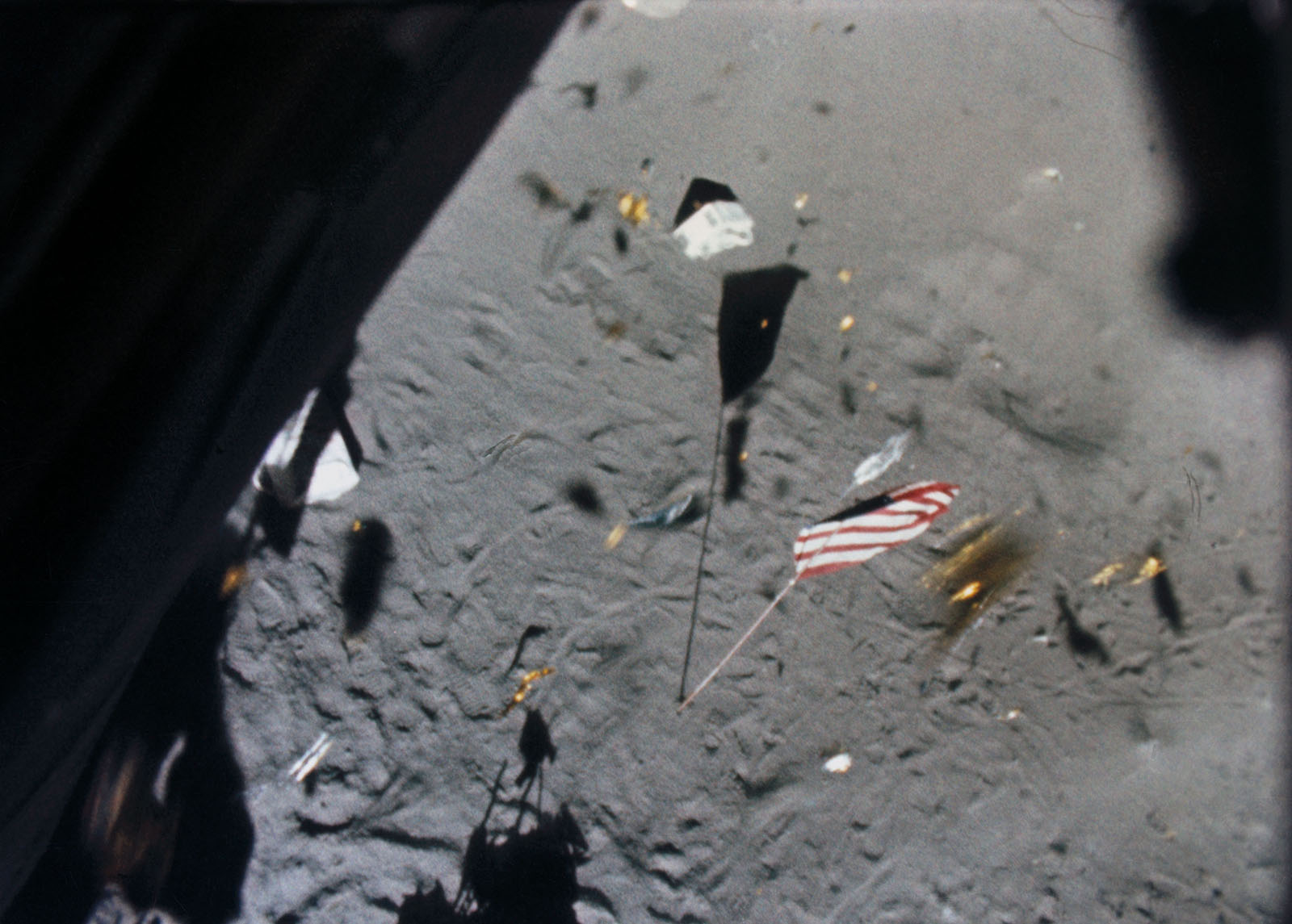 A photo of the US flag on the Moon from the top view