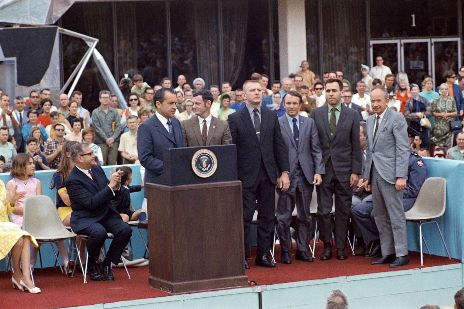 A photo of President Nixon giving a speech