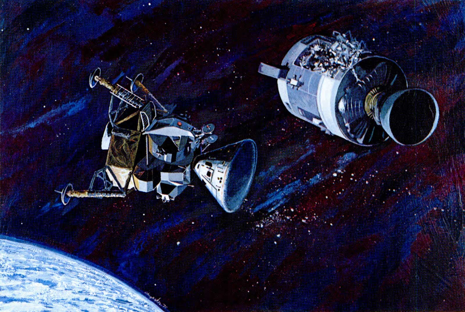 A picture of the command module and lunar module drifting in space