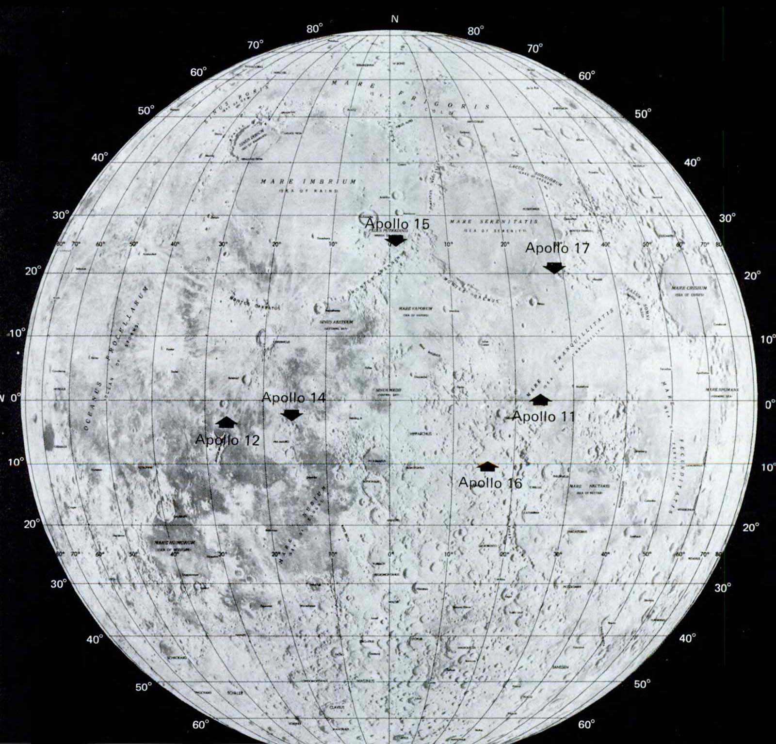 A photo of the moon with Apollo landing sites marked