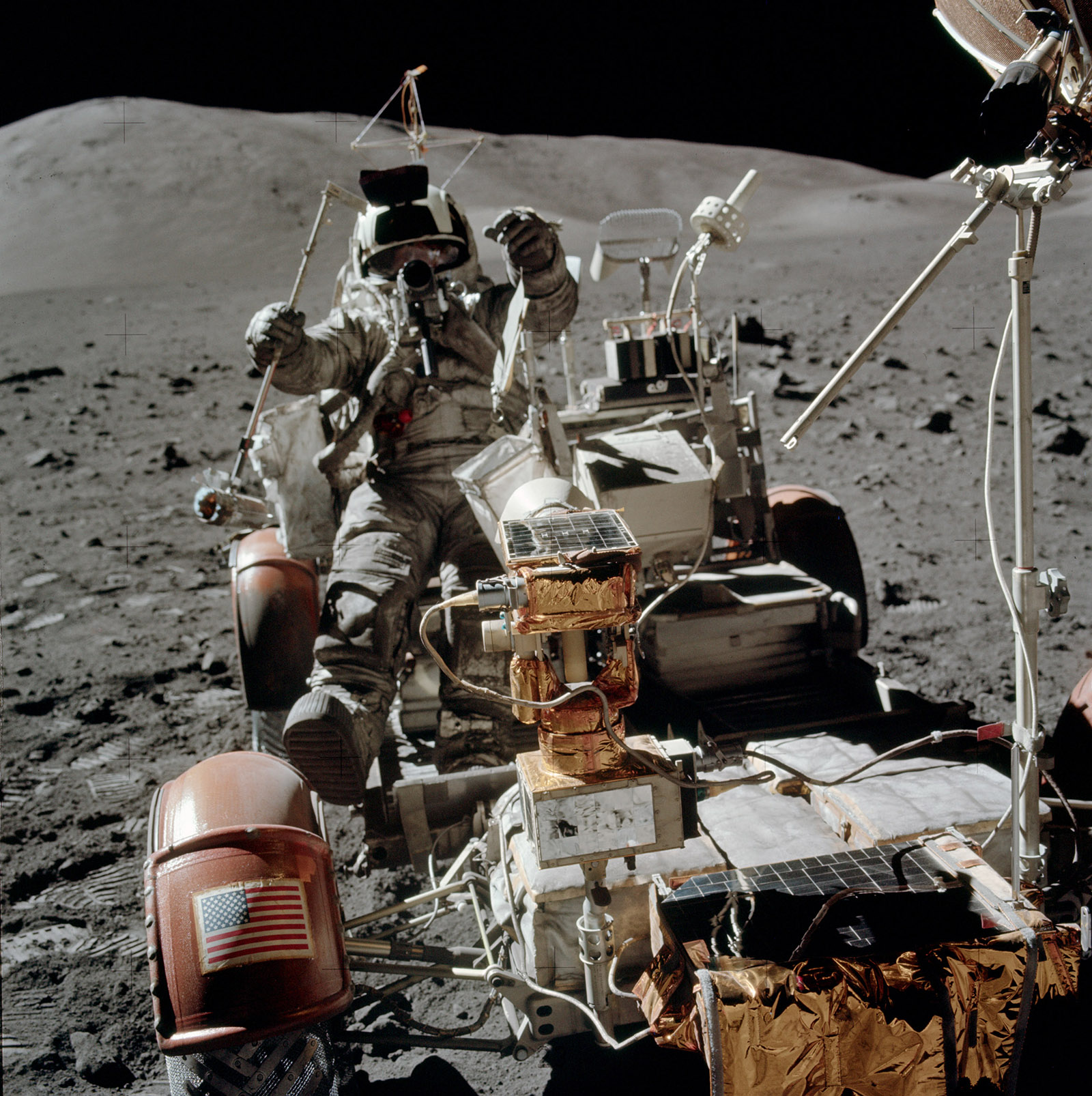 A photo of an astronaut sitting in the Rover