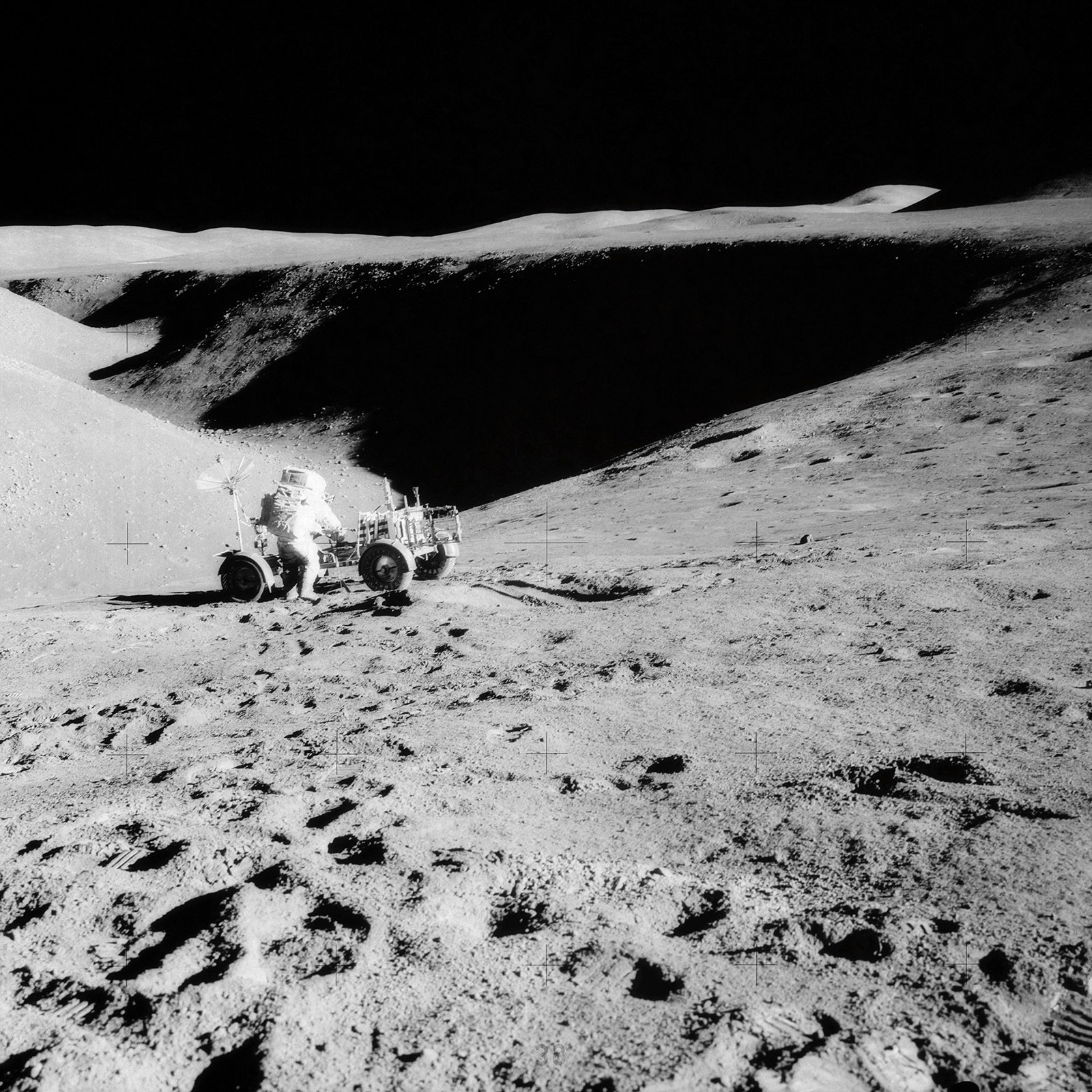 A photo of the lunar vehicle parked by the Hadley Rille