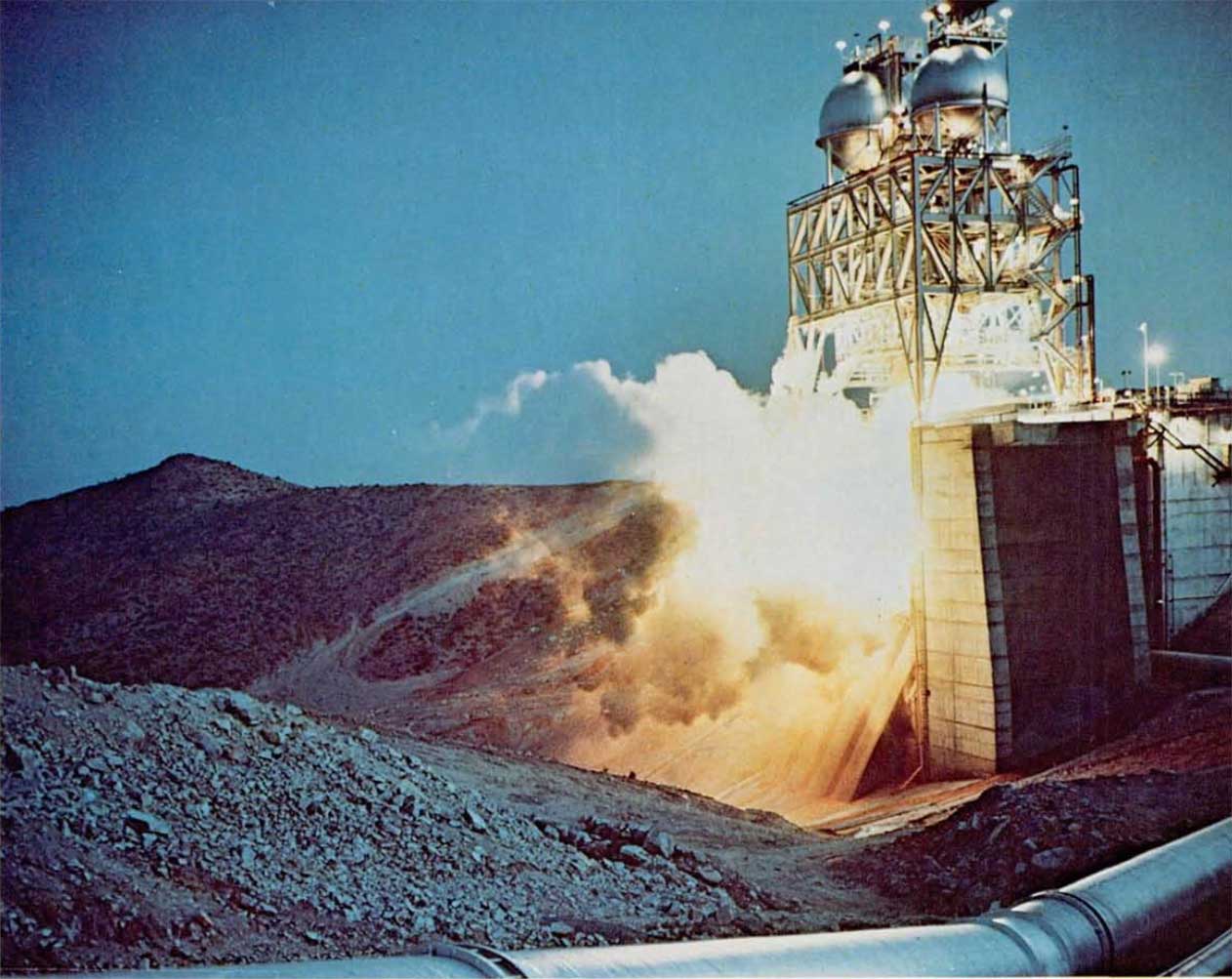 A photo of a F-1 engine being tested