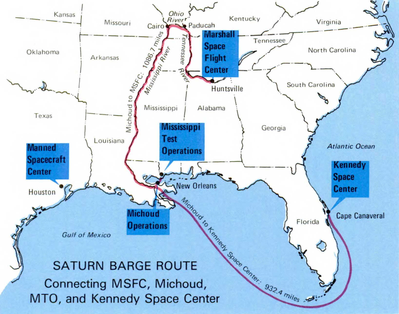 A map of Saturn barge route from Marshall Space Flight Center to Kennedy Space Center