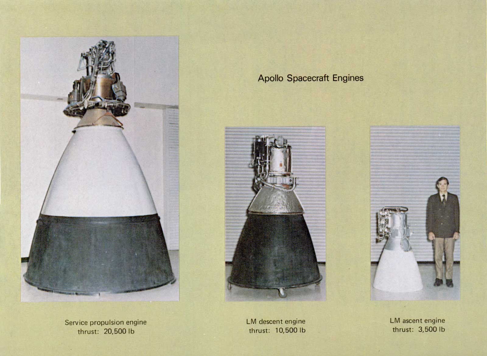 A photo of the service propulsion engine,LM descent engine,and the LM ascent engine