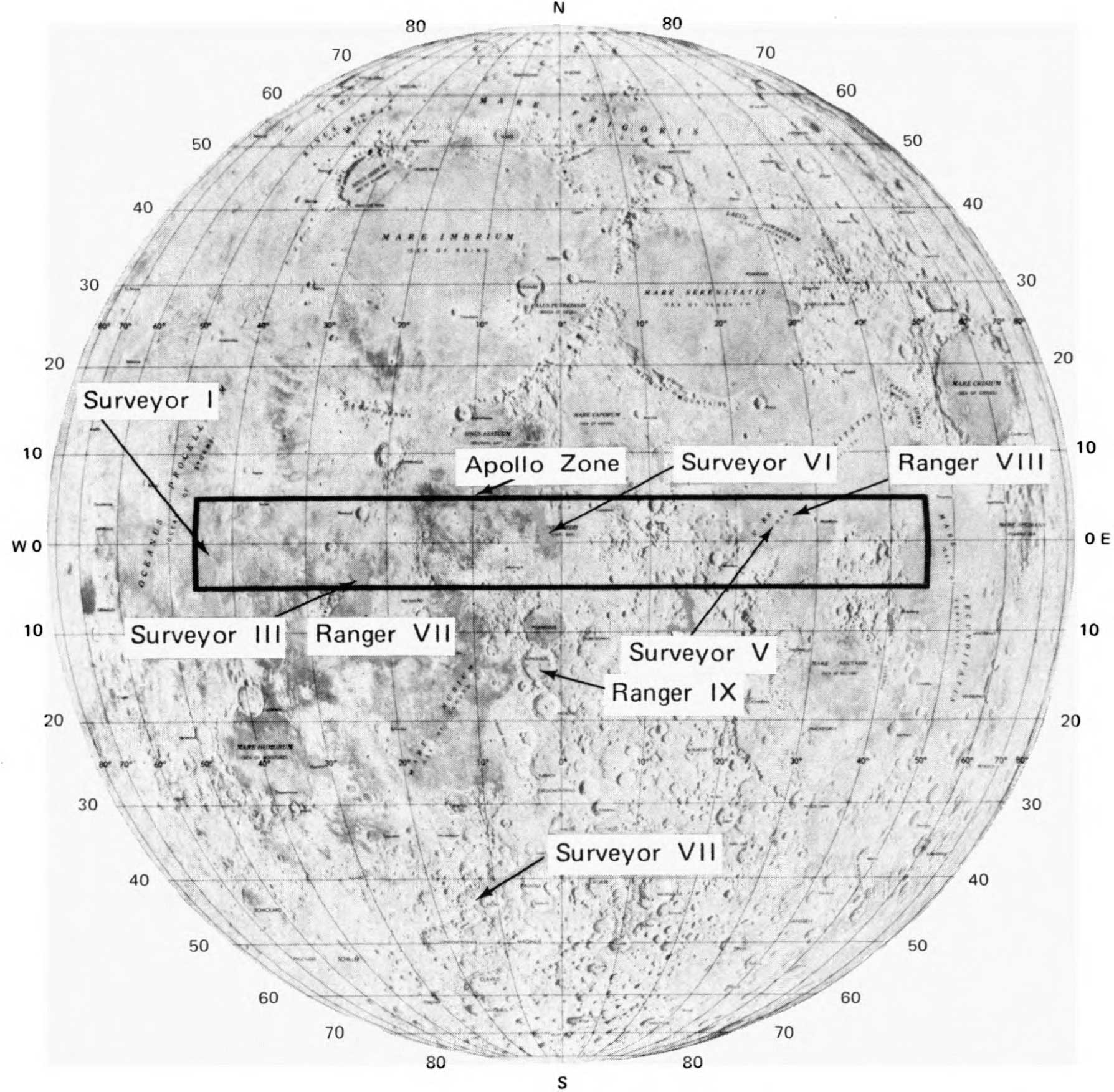 A picture of a map,illustrating Ranger and Surveyor landing sites