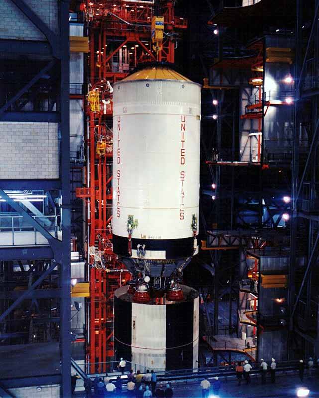 A photo of S-II stage of Saturn V connecting with the first stage