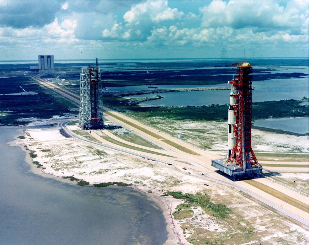 A photo of Saturn V space vehicle en route to Launch Pad A