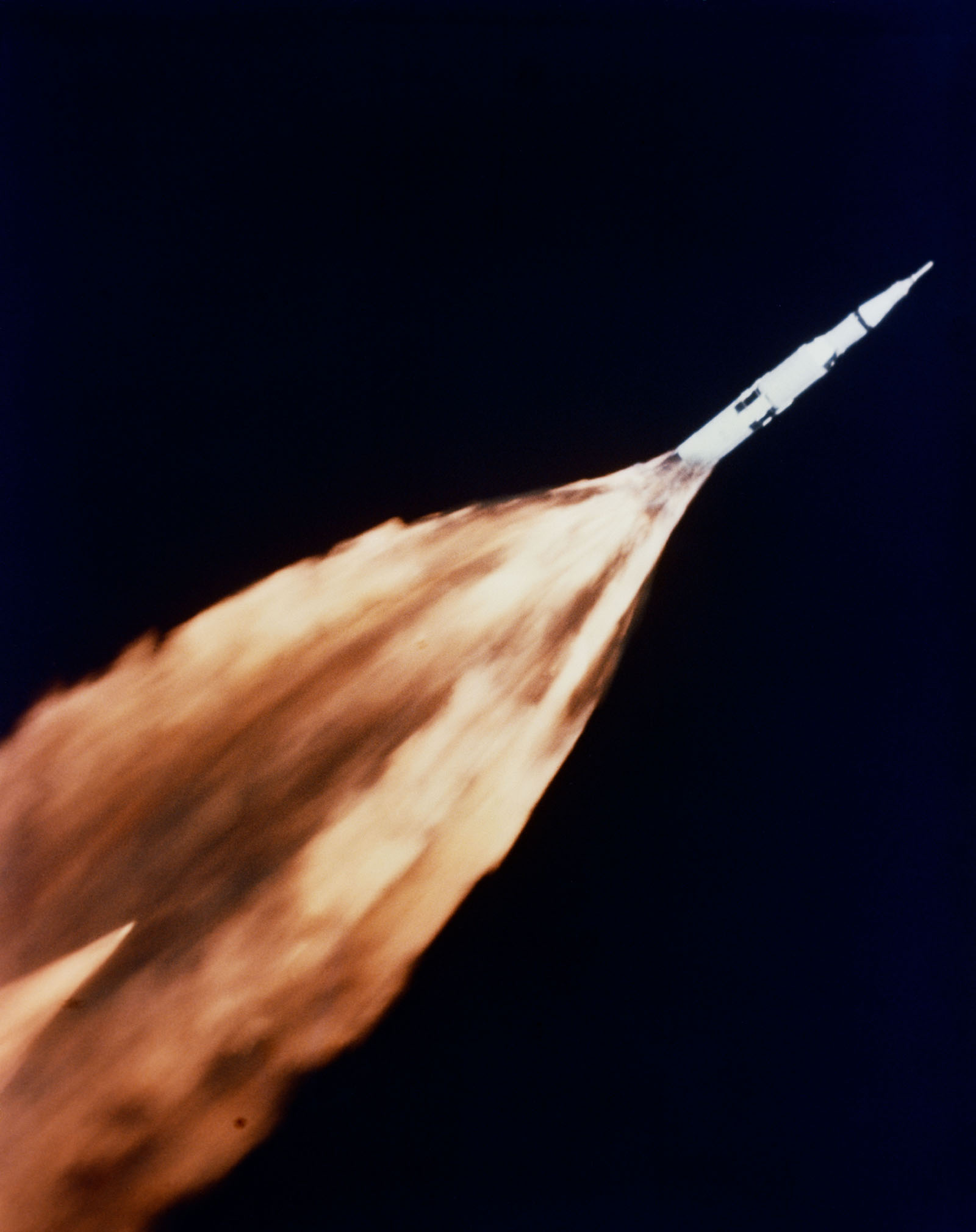 A photo of Apollo 6 during the first stage of launch