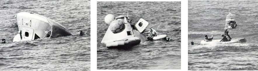 A photo of Apollo 7 command module splashed down upside-down