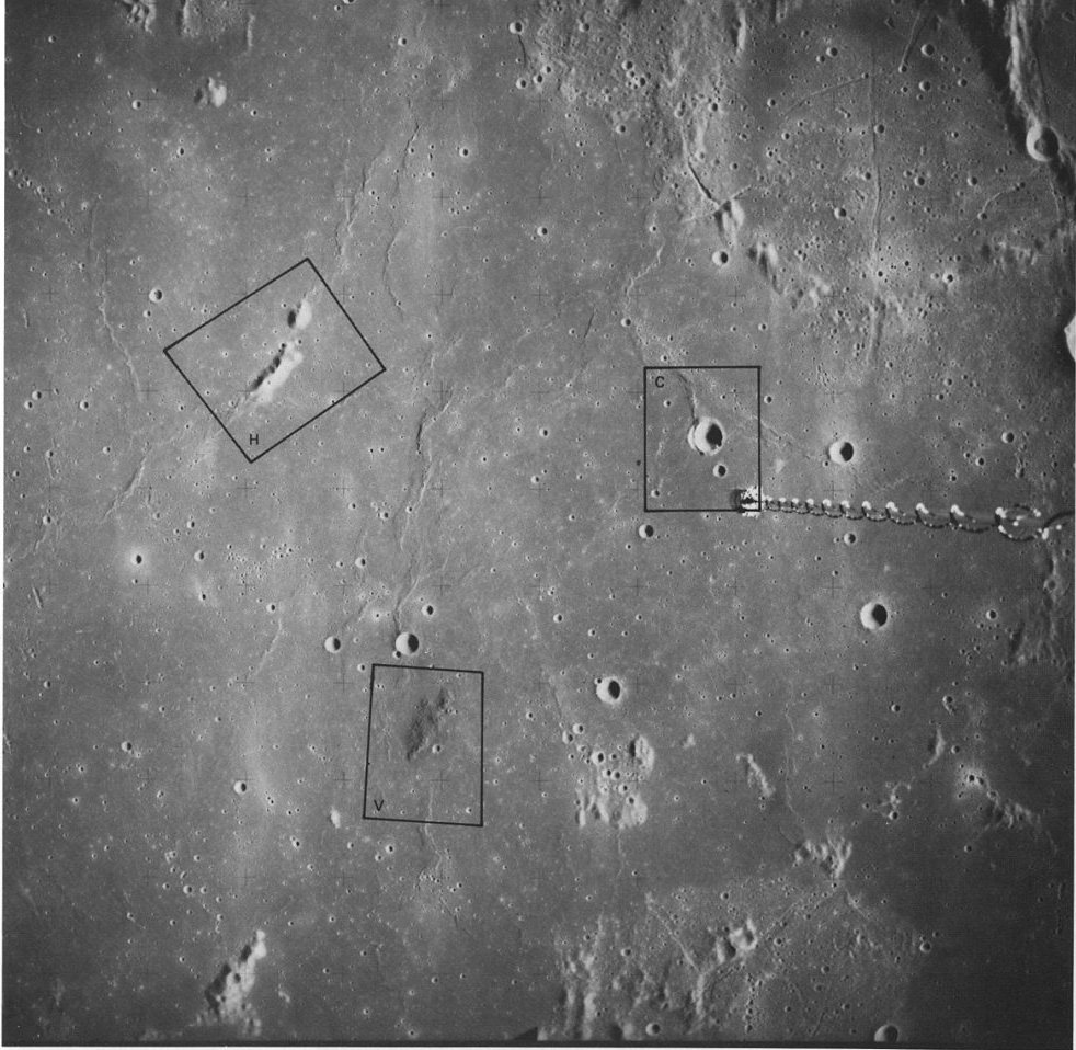 FIGURE 91. - This picture of the eastern part of Mare Cognitum, while of interest in many respects, is used here largely to locate the dark hills (V) illustrated in detail in figure 92.