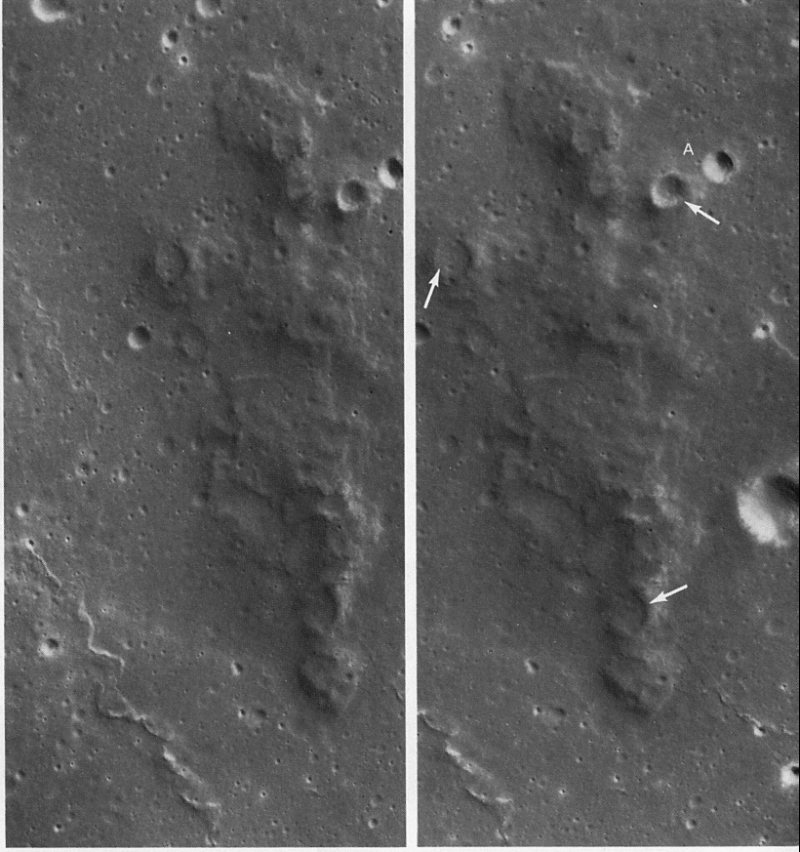 FIGURE 92. - The dark, rugged-surfaced complex of hills is enlarged many times in this stereogram. Without further detailed study, two explanations for its origin seem equally plausible. 