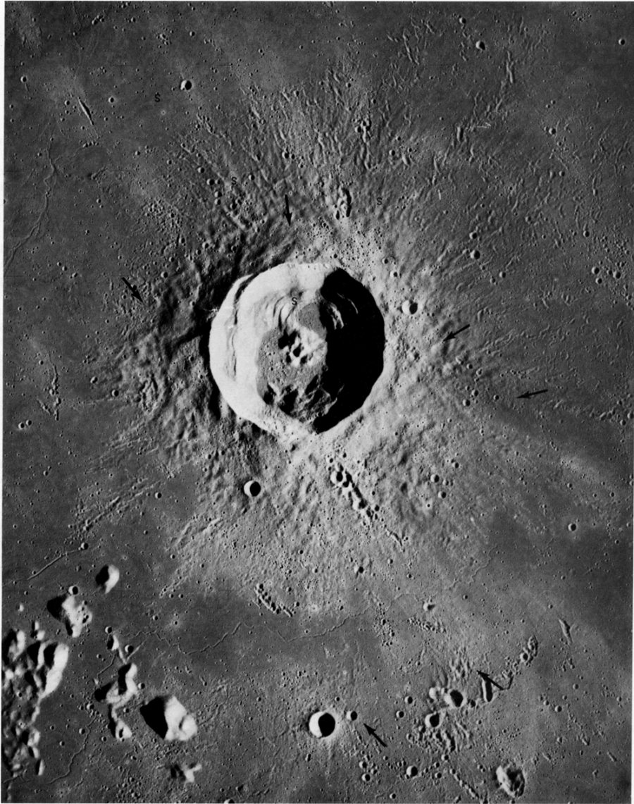 FIGURE 138. - This similar view of Euler, taken with the Apollo 17 mapping camera, is included because it shows even more clearly the relationship between the ejecta from Euler and the surrounding mare lavas.