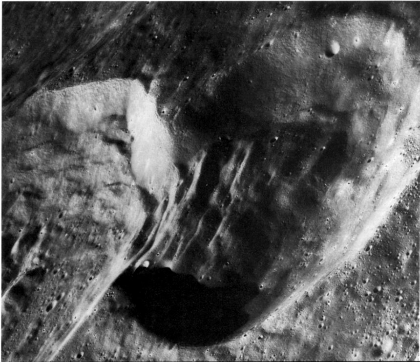 The photograph below is an oblique view of the same pair of craters. It is included, not because it is a more dramatic view, but because it shows from another perspective that one crater clearly is superposed on the other.