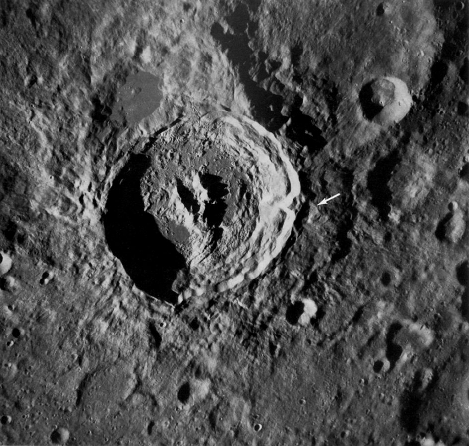 FIGURE 149. - This vertical view of the crater King on the lunar far side was taken with the Apollo 16 Hasselblad camera.