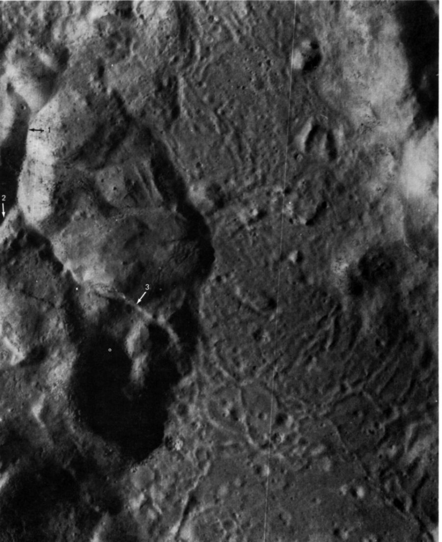 FIGURE 153. - This greatly enlarged part of a panoramic camera photograph shows a small area in the eastern part of the floor of the crater King.