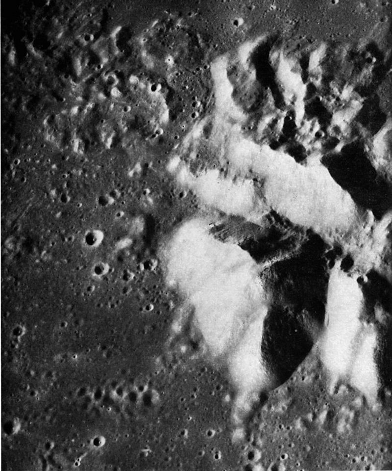 FIGURE 168. - A detailed view of part of the central peak complex of Theophilus. Central peaks are typical of most young, large impact craters on the Moon-and also of many manmade craters on Earth.