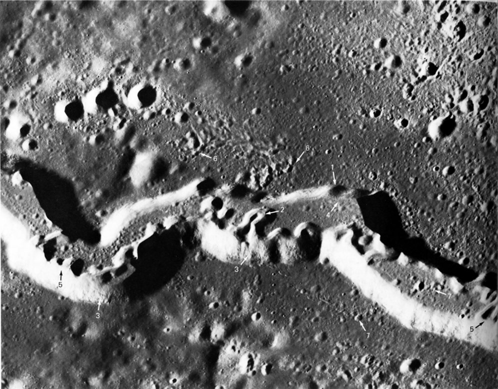 FIGURE 186. - Schroter's Valley in the Aristarchus plateau is one of the largest lunar sinuous rilles (width in picture is about 5 km).