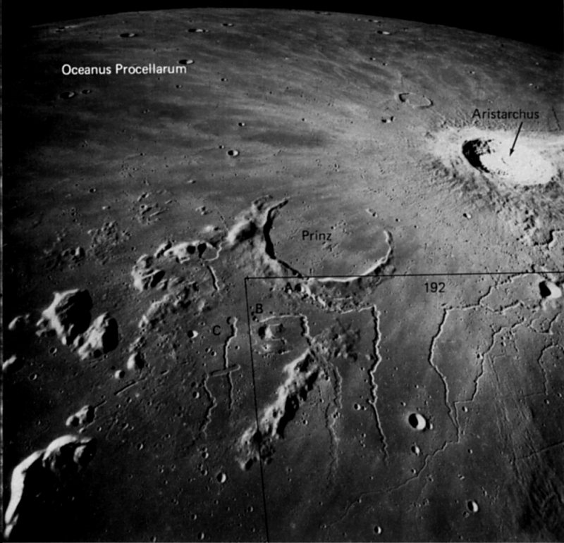 FIGURE 191. - The sinuous rilles in this photograph, east of the Aristarchus Plateau, are a particularly interesting complex of these unusual features for which no entirely convincing terrestrial analogs have yet been recognized.