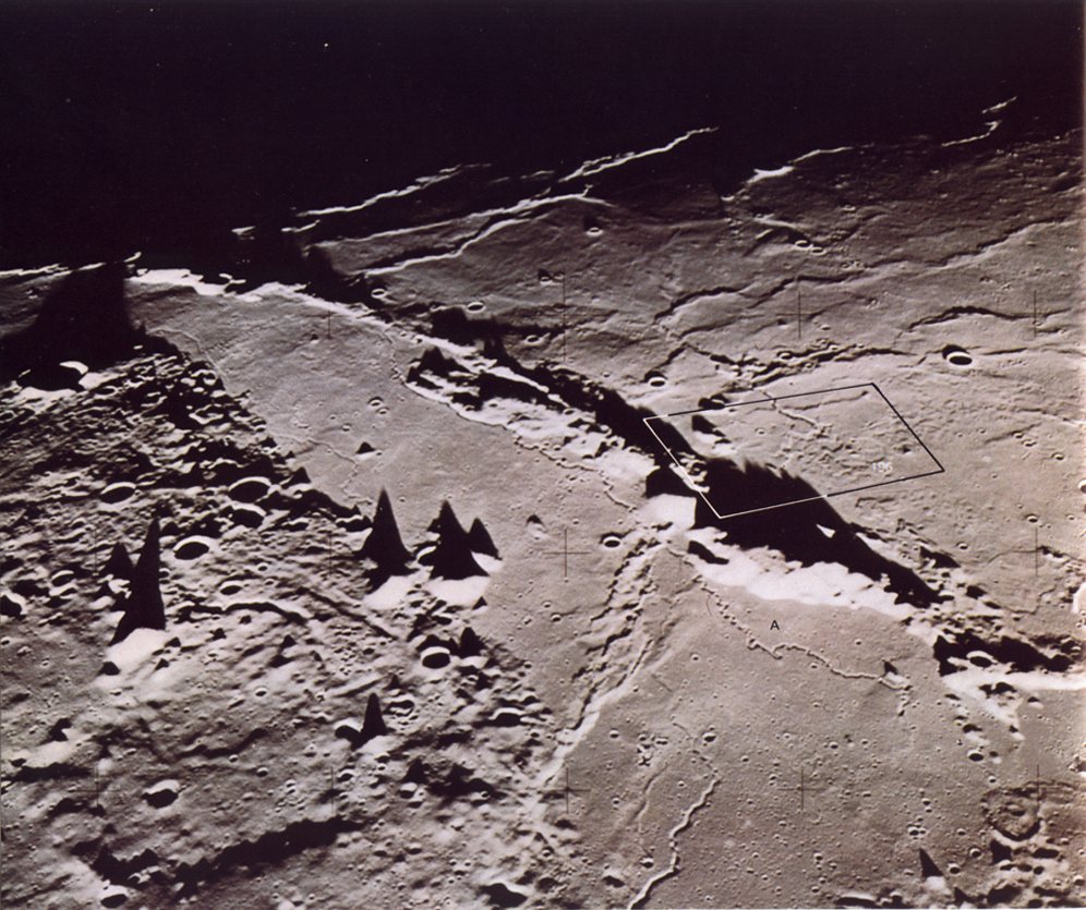 FIGURE 195. - Relief is exaggerated in this near terminator (low Sun) photograph of the northwest margin of the Aristarchus Plateau. 