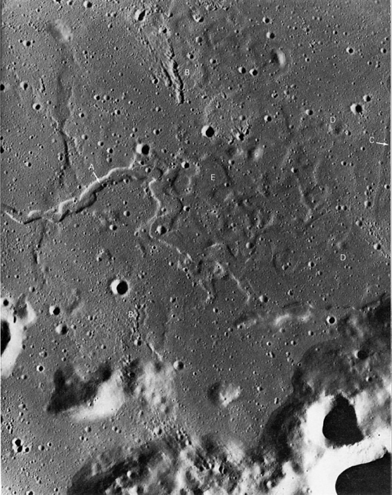 FIGURE 196. - Sinuous rille (A) is unusually shallow for its width and has probably been mantled or filled since its formation.