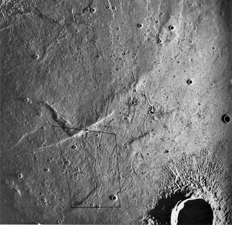 FIGURE 200. - Low Sun angle photograph of mare surface taken by the metric camera. 