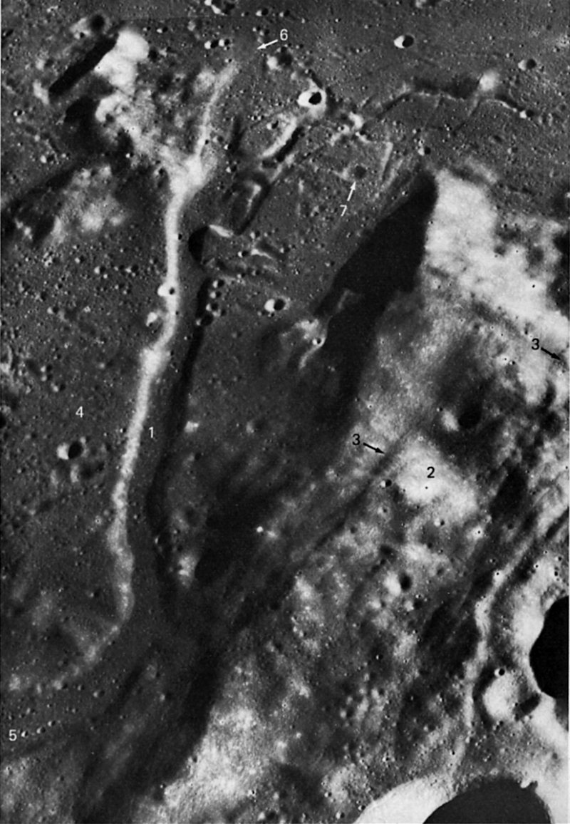 FIGURE 218. - Rima Fresnel I (1) approximately parallels the Apennine Mountain front (2) along the eastern margin of the Imbrium basin. 