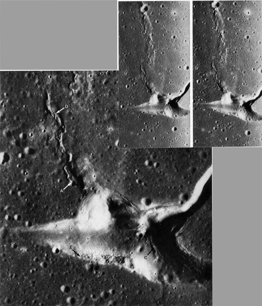 FIGURE 223. - Although this is a rather bizarre example, sharp, deep, spearhead-shaped depressions form the heads of many lunar rilles.