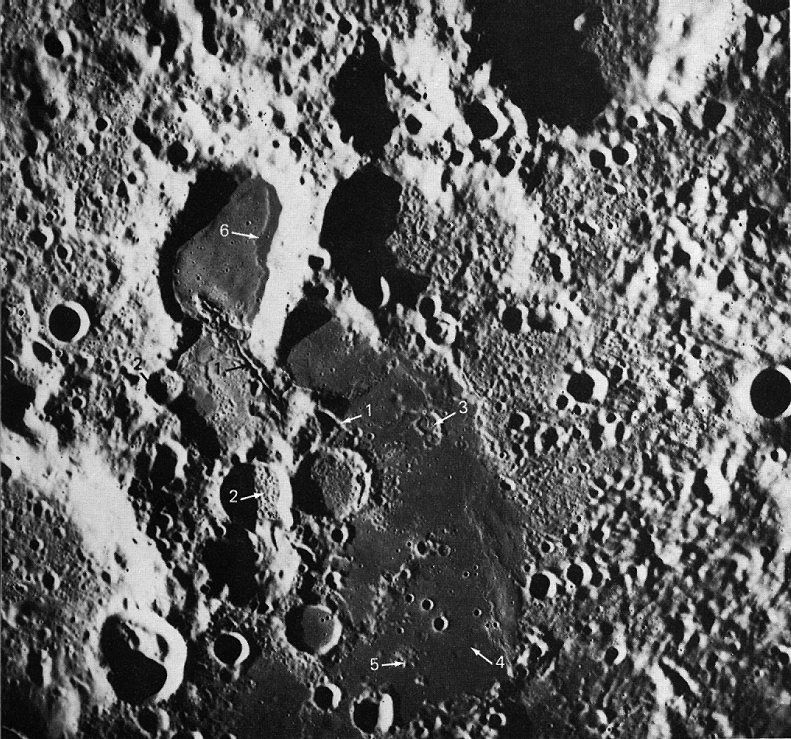 FIGURE 230. - This area of mare material in the farside uplands centered at 26°S, 103°E shows many features. 