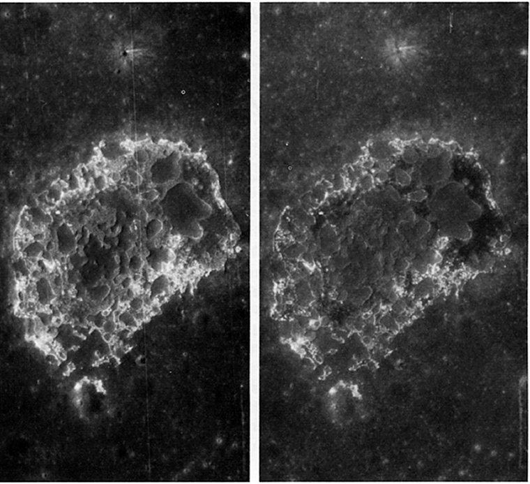 FIGURE 233. - The enlarged view provided by this stereogram shows that there are at least three different types of material within the floor of the D-shaped depression.