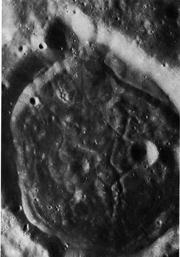 FIGURE 236. - A panoramic camera view of an unusual crater on the lunar far side, west of the large crater Aitken. 