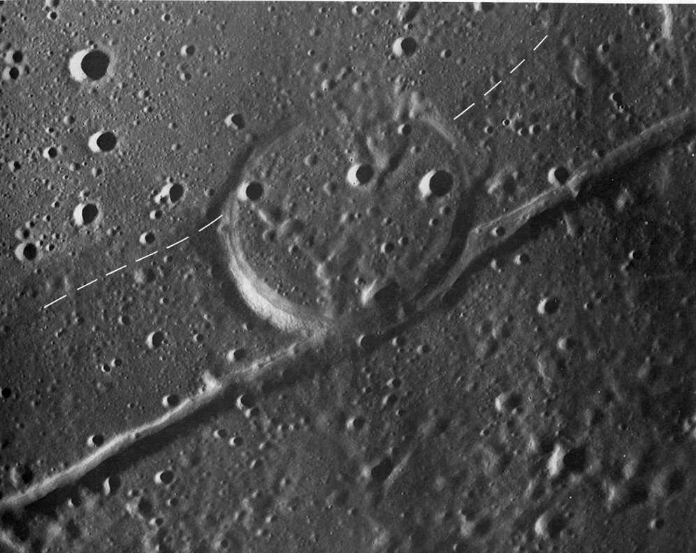 FIGURE 241. - This crater (approximately 9 km across) is on the juncture between two basalt units at the south border of Mare Serenitatis.