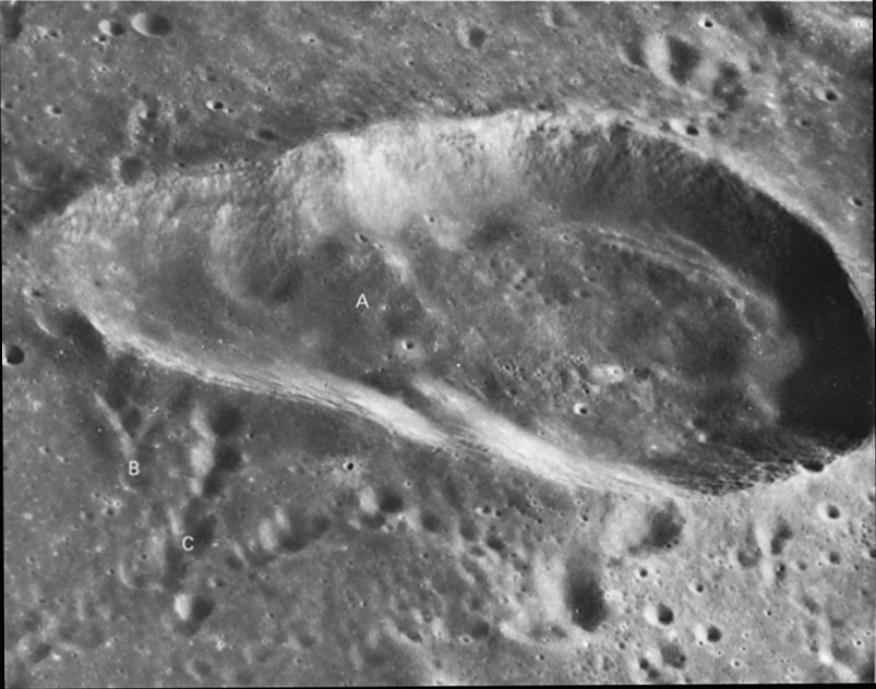 FIGURE 245. - The elongate crater Torricelli near the north margin of Mare Nectaris was probably formed by two simultaneous impacts as indicated by the partly developed septum at A.