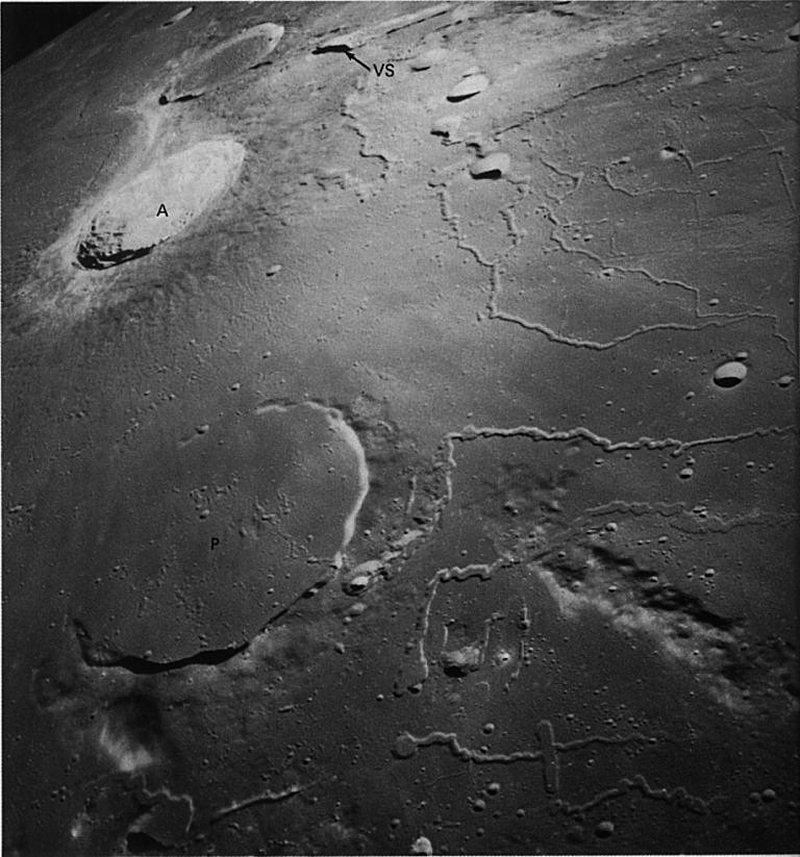 FIGURE 30. - West of the Apennines (by 1300 km) on the opposite side of Mare Imbrium is the peculiar complex of Montes Harbinger (bottom right) and the Aristarchus plateau (top).