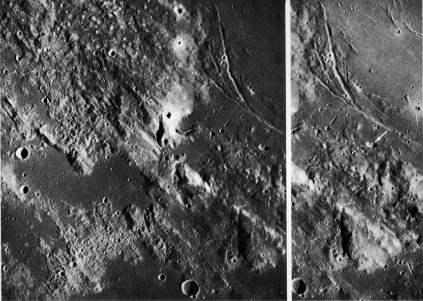 FIGURE 36. - The Haemus Mountains bound the southwestern edge of Mare Serenitatis and form the rim of the Serenitatis basin. They have a strongly lineated pattern that is most apparent in the lower left part of this stereoscopic view.