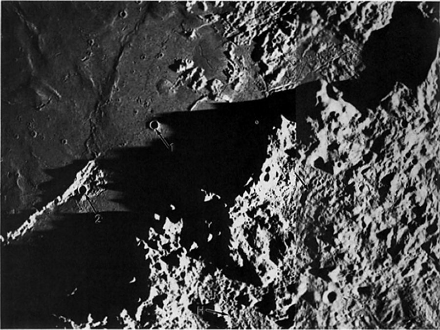 FIGURE 38. - This mosaic of vertical frames covers part of the same area shown in the preceding oblique view (fig. 37), but shows the Montes Apenninus in much more detail.