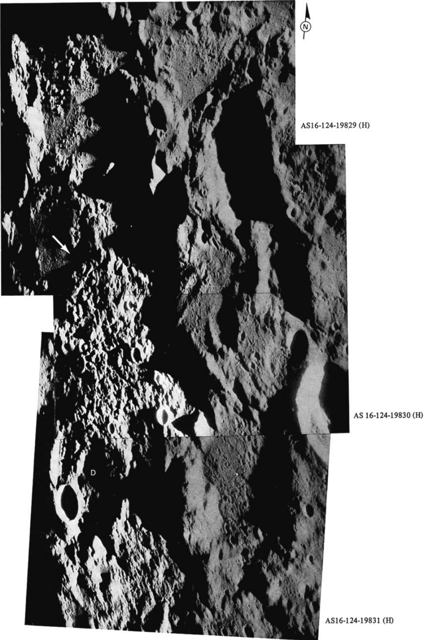 FIGURE 47. - The ruggedness of the grooved and furrowed terrain of the central lunar highlands is emphasized here under low Sun illumination of about 3° compared with an illumination angle of about 27° in figure 46.