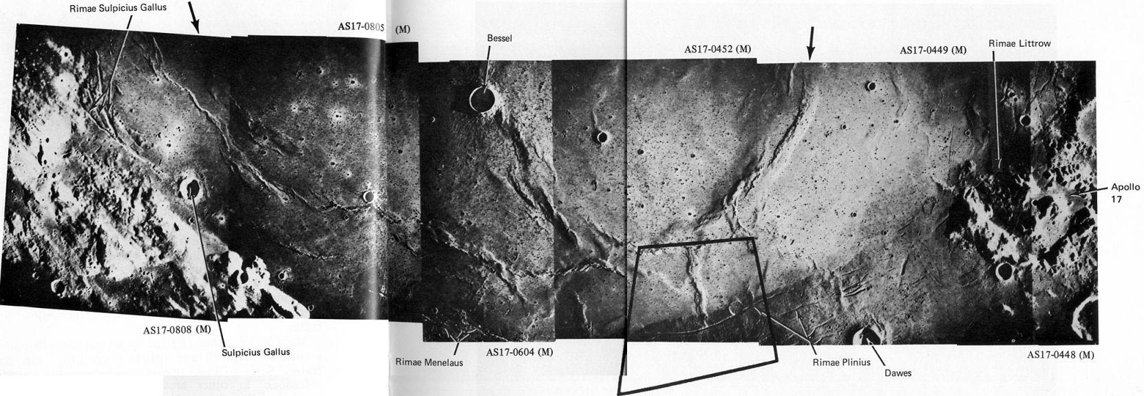 FIGURE 58. - This mosaic of Apollo 17 frames extends across southern Mare Serenitatis, one of the larger multiringed basins on the Moon's near side (fig. 14). 