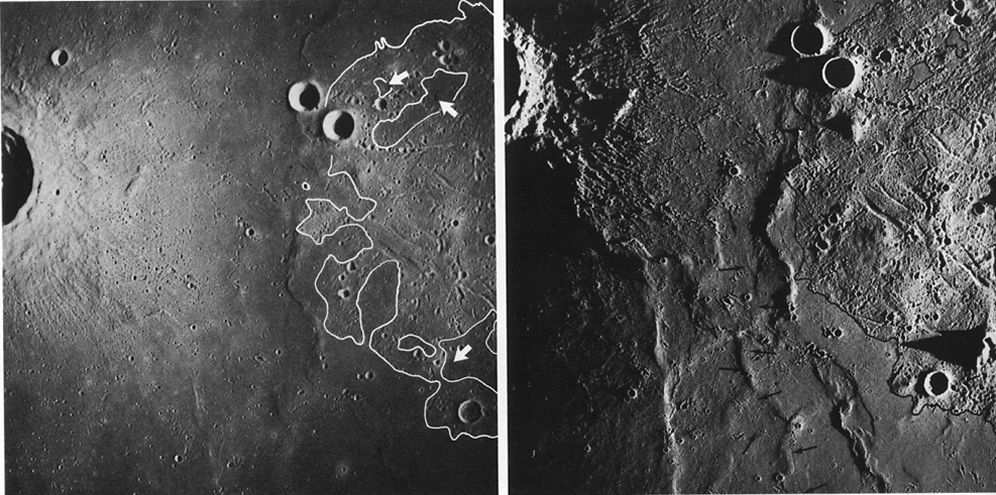 FIGURE 64. - These two contrasting pictures of the same area in southeastern Mare Imbrium were taken by Apollo 15, but on different revolutions under different lighting conditions. 