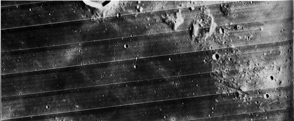 FIGURE 70. - These two pictures were taken of the same mare area near the southeastern edge of Oceanus Procellarum, south and east of the crater Kunowsky.   The picture below is a mosaic of Apollo 14 frames taken when the Sun was exceptionally low-0° to 2°. 