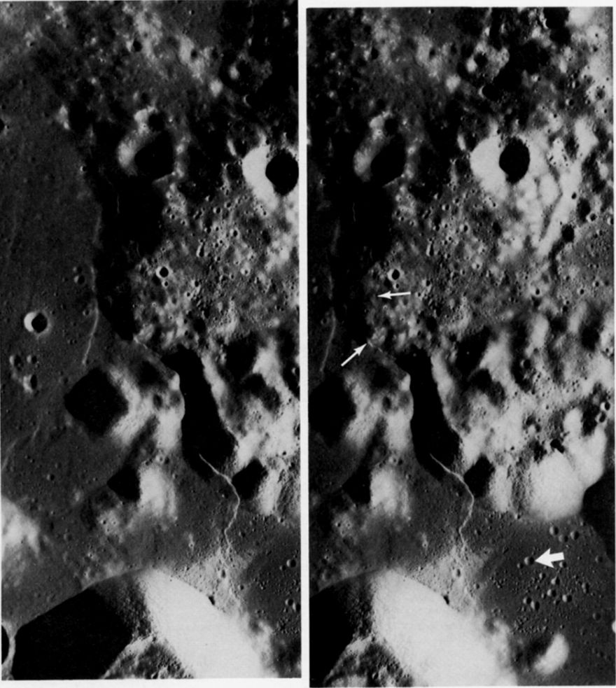 FIGURE 80. -  A stereoscopic view of the only mare ridge climbed by man. The ridge crosses the Taurus-Littrow valley shortly west of the Apollo 17 landing site (large arrow) and was traversed by astronauts Gene Cernan and Jack Schmitt in the Apollo 17 lunar roving vehicle.