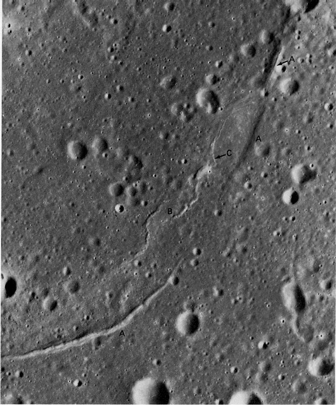 FIGURE 83. - The arcuate ridges shown here are part of the large crater Lambert R, which is mainly deeply buried and now outlined by mare ridges and a few isolated remnants of the original rim.