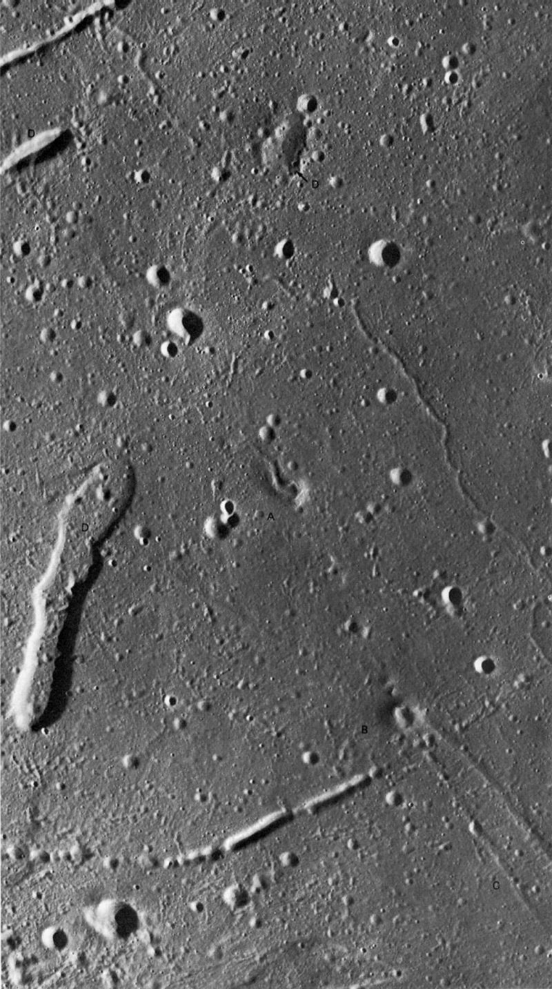 FIGURE 90. - This panoramic camera enlargement shows two small (2 km across volcanic cones (A and B) near the southeastern margin of Mare Serenitatis.