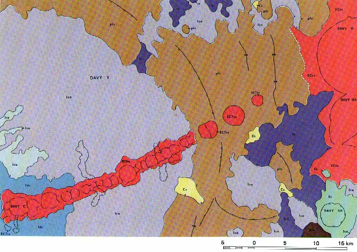 FIGURE 131. - This is a reduced version of part of a geologic map of the Davy area compiled by R. Hereford of the U.S. Geological Survey.