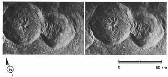 FIGURE 148. - This pair of overlapping medium-sized craters illustrates some of the criteria used to determine relative ages. 