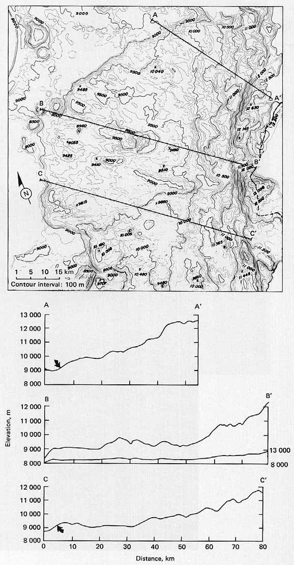 FIGURE 177. - This topographic contour map (Wu et al., 1972) was compiled from two mapping camera pictures like those in figure 176.