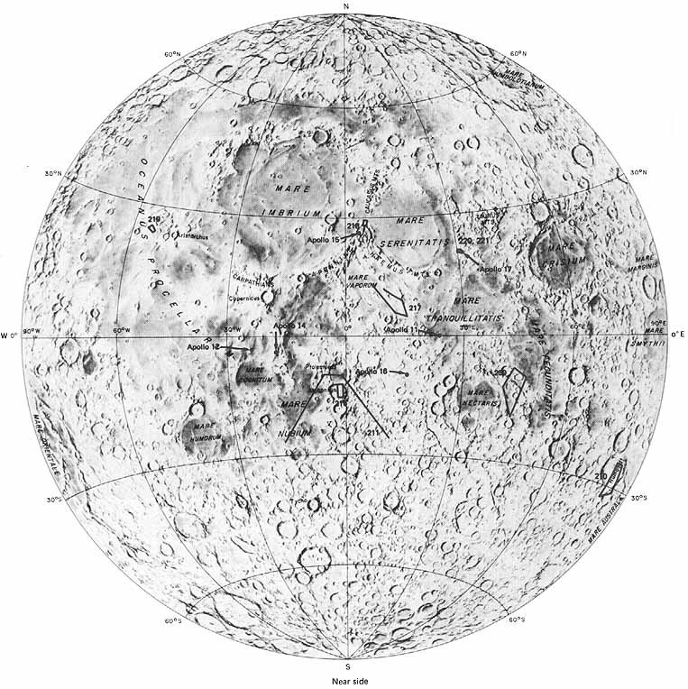 Figure 208. Location of photographs of straight rilles; numbers correspond to figure numbers. [Base map courtesy of the National Geographic Society]