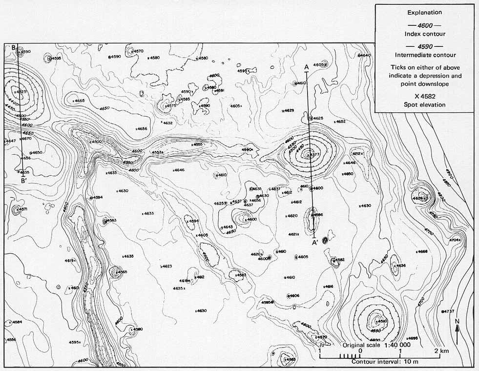 FIGURE 213. - This map, compiled at a scale of 1:40 000, shows about 10 times the detail of the floor and crater shapes seen in figure 212 (see outlined area).