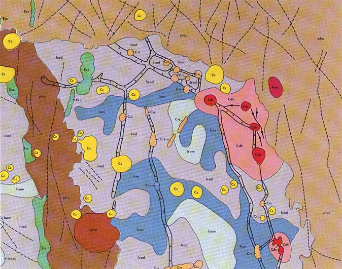 FIGURE 215. - A sketch geologic map of the area of figure 213 was done by Richard Hereford of the U.S. Geological Survey. It shows the distribution of the geologic units by type and age. The ancient crater walls, central peak and ridge, and varied floor deposits are displayed.