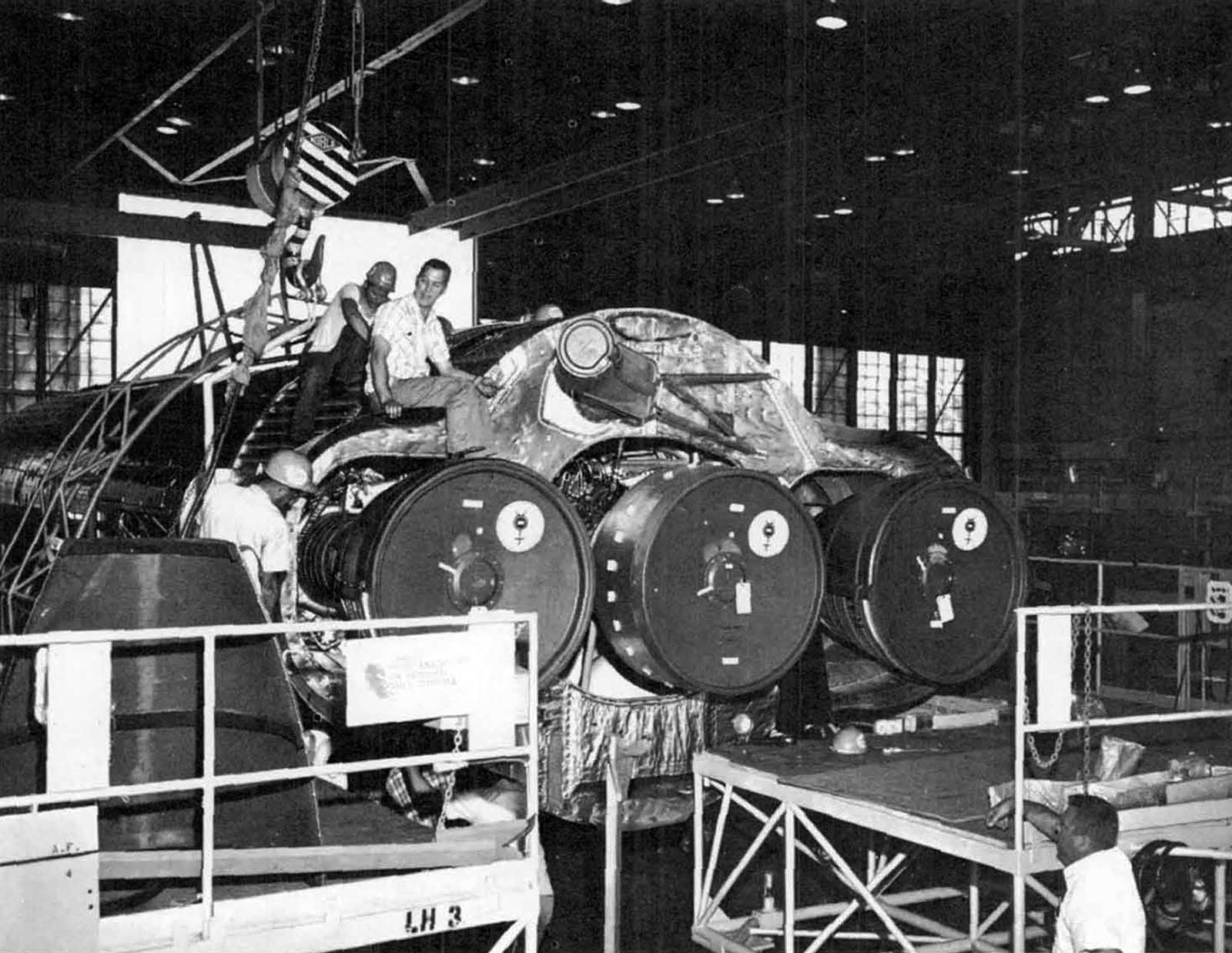 Atlas 130-D on its side for inspection